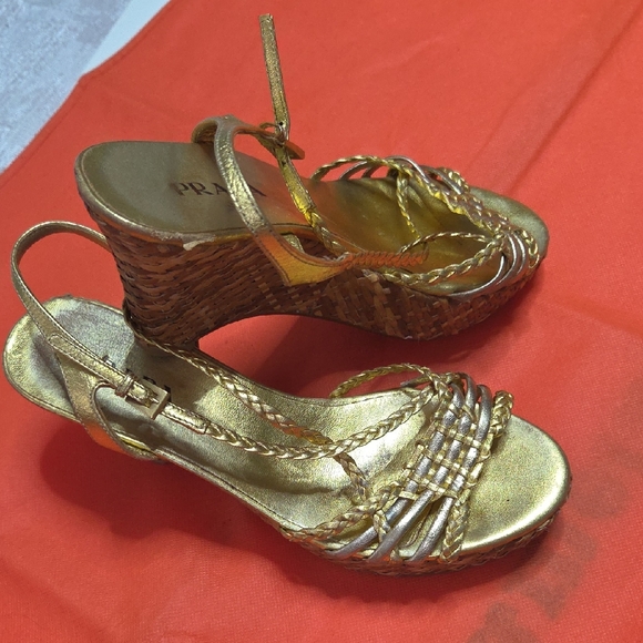 Prada Gold Wedges Luxurious Shiny Finish - Picture 1 of 13